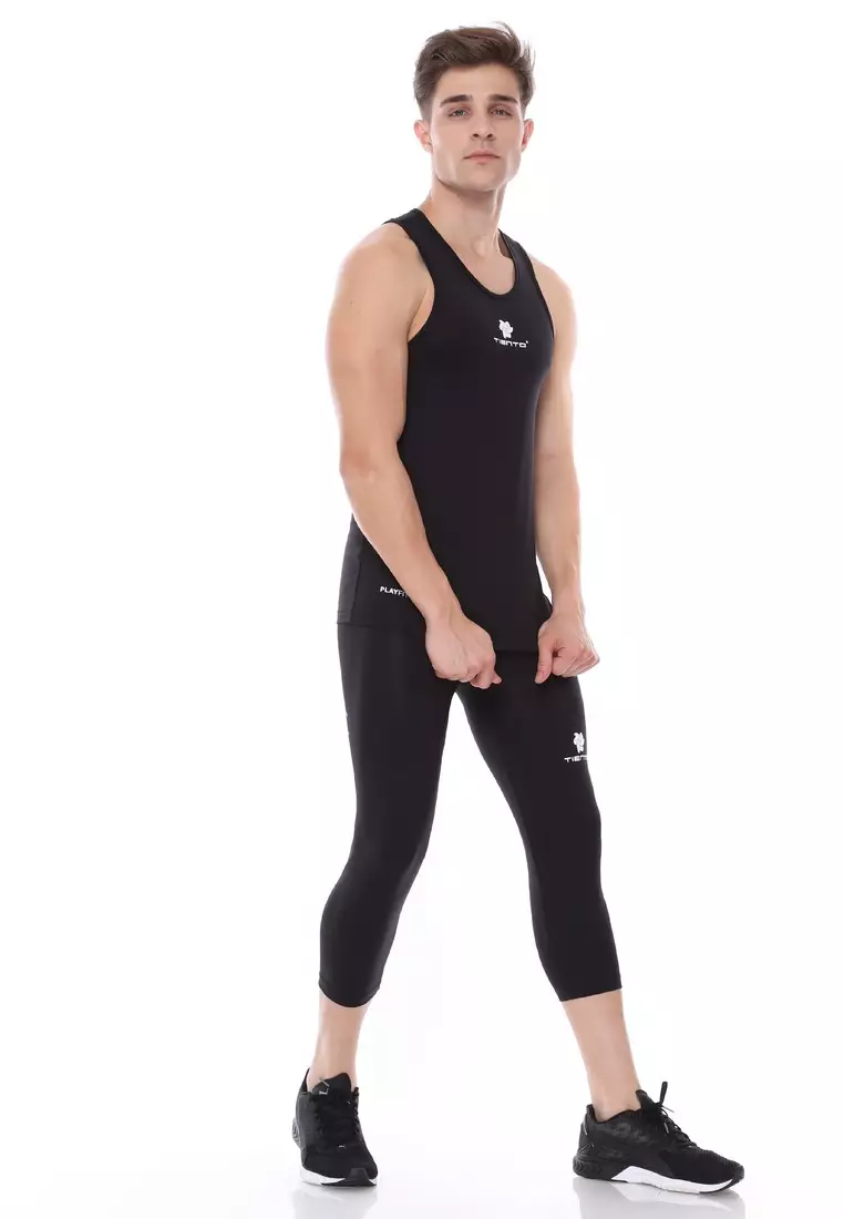 Tiento Man Baselayer Singlet Black White Sport Pria Olahraga Renang Senam Zumba Yoga Lari Running Jogging Gym Fitness