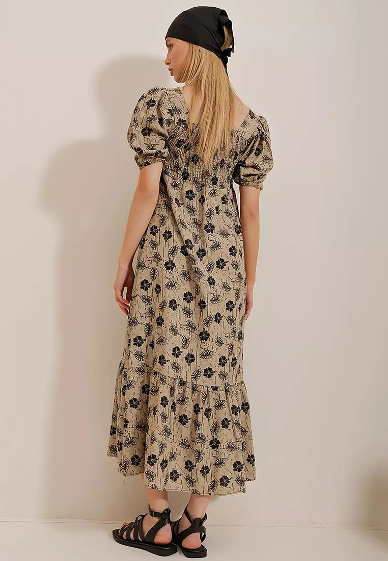 Buy Alacati Puff Sleeve Printed Midi Dress Online | ZALORA Malaysia