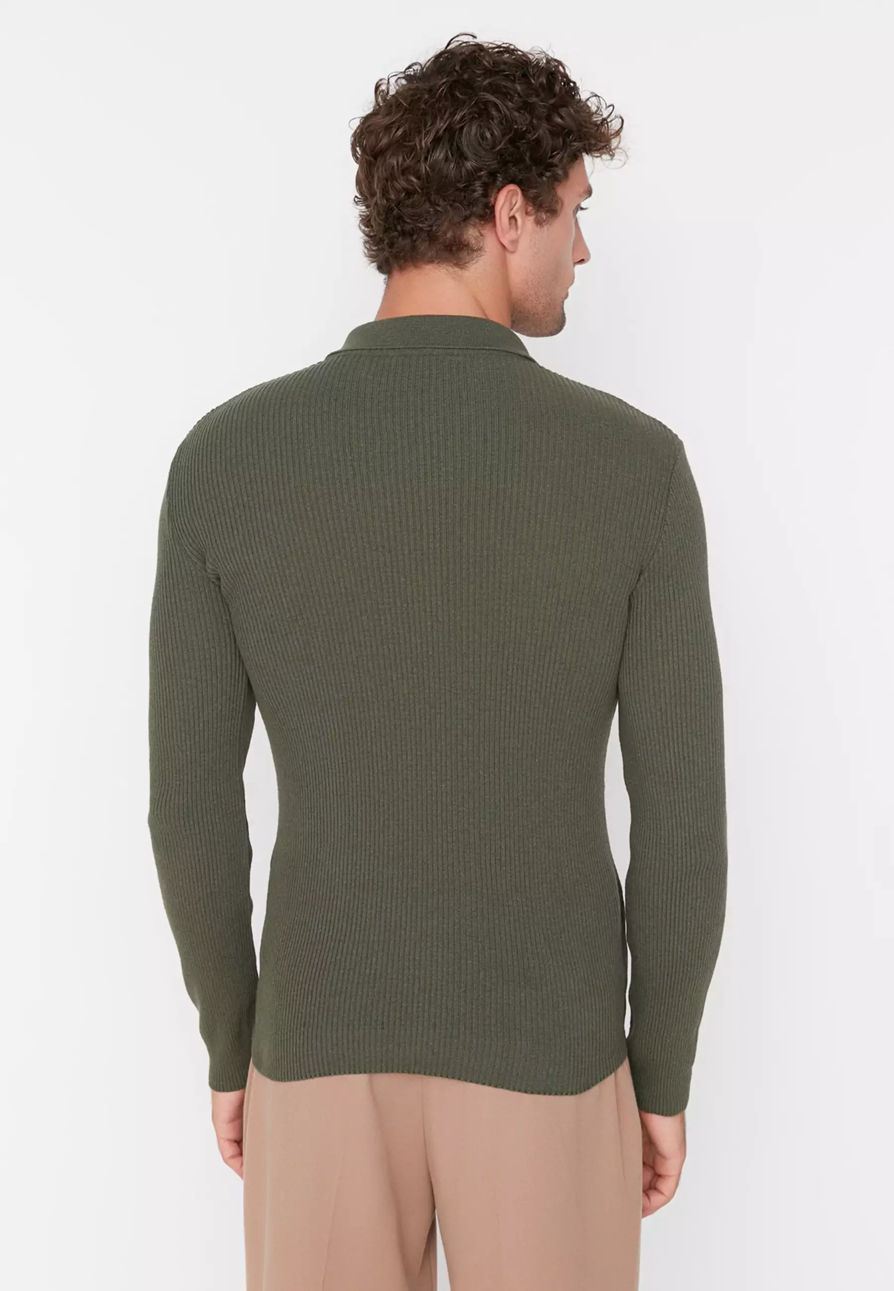 Slim Fit Buttoned Polo Neck Corduroy Knitted Sweater