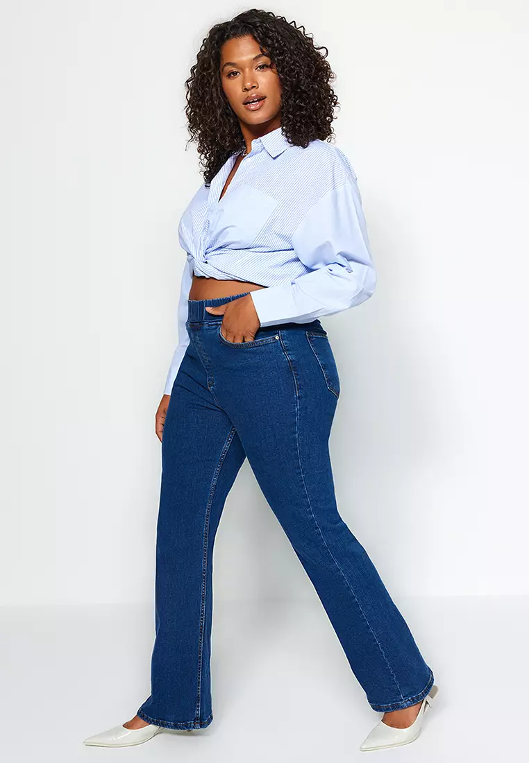 Buy Trendyol Plus Size Blue Wide Leg Jeans with Elastic Waist Online