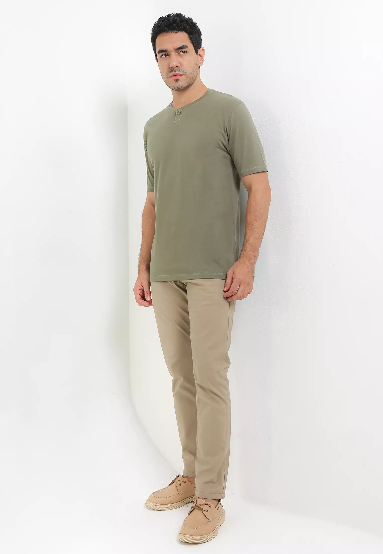 Cressida Henley Basic One Button Shirt Sage - J060G