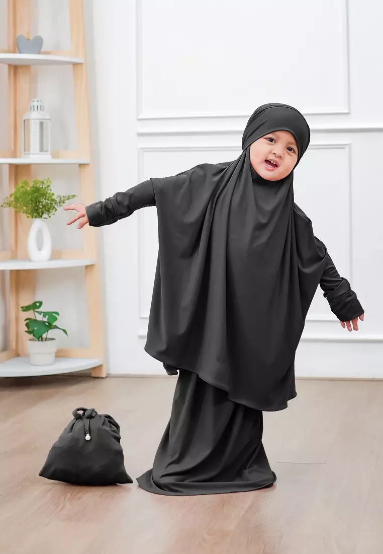 Zelena - Raudhia Prayer Set | Mukena French Khimar Set - Black - Anak