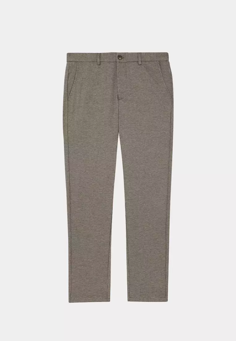 Hazelnut Brown Houndstooth Slim Stretch Jersey Trousers