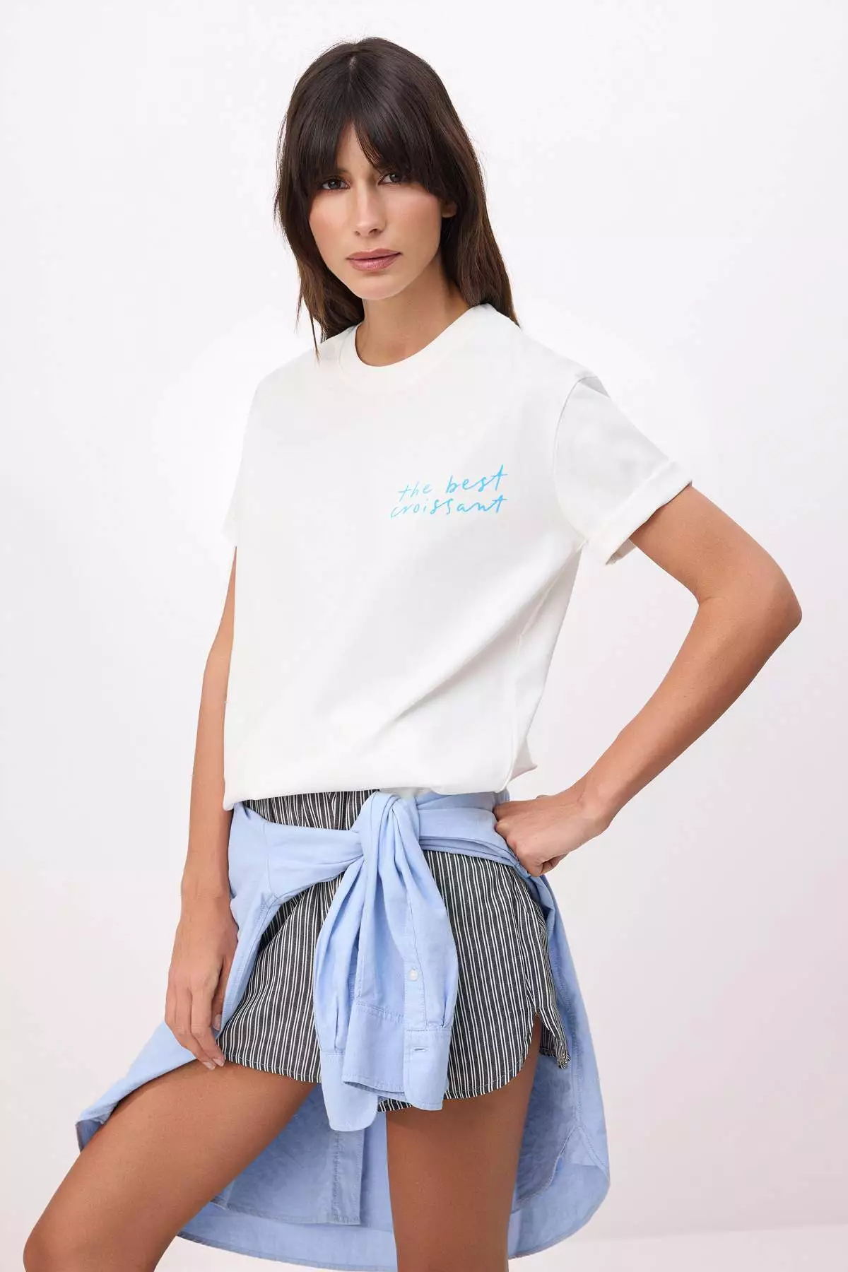 Ecru Printed Oversize/Wide Fit Short Sleeve 1% Cotton Knitted T-Shirt Twoss26Ts116
