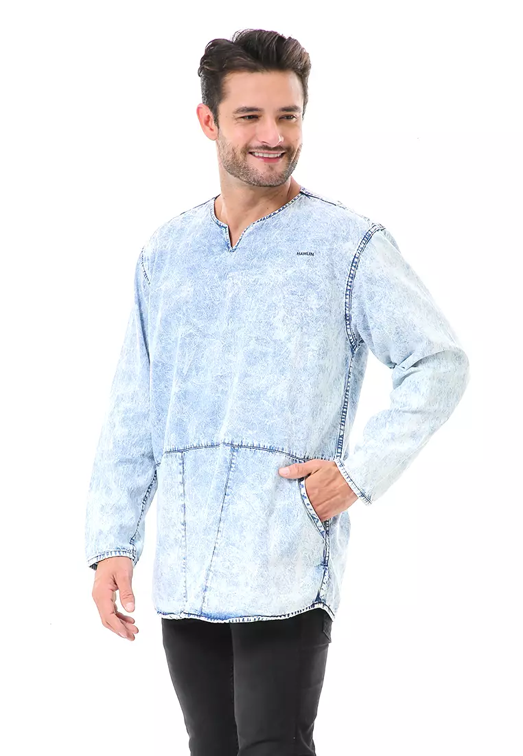 Leopold Kemeja Koko Jeans Pria Lengan Panjang Long Shirt Material Denim ORIGINAL - Blue