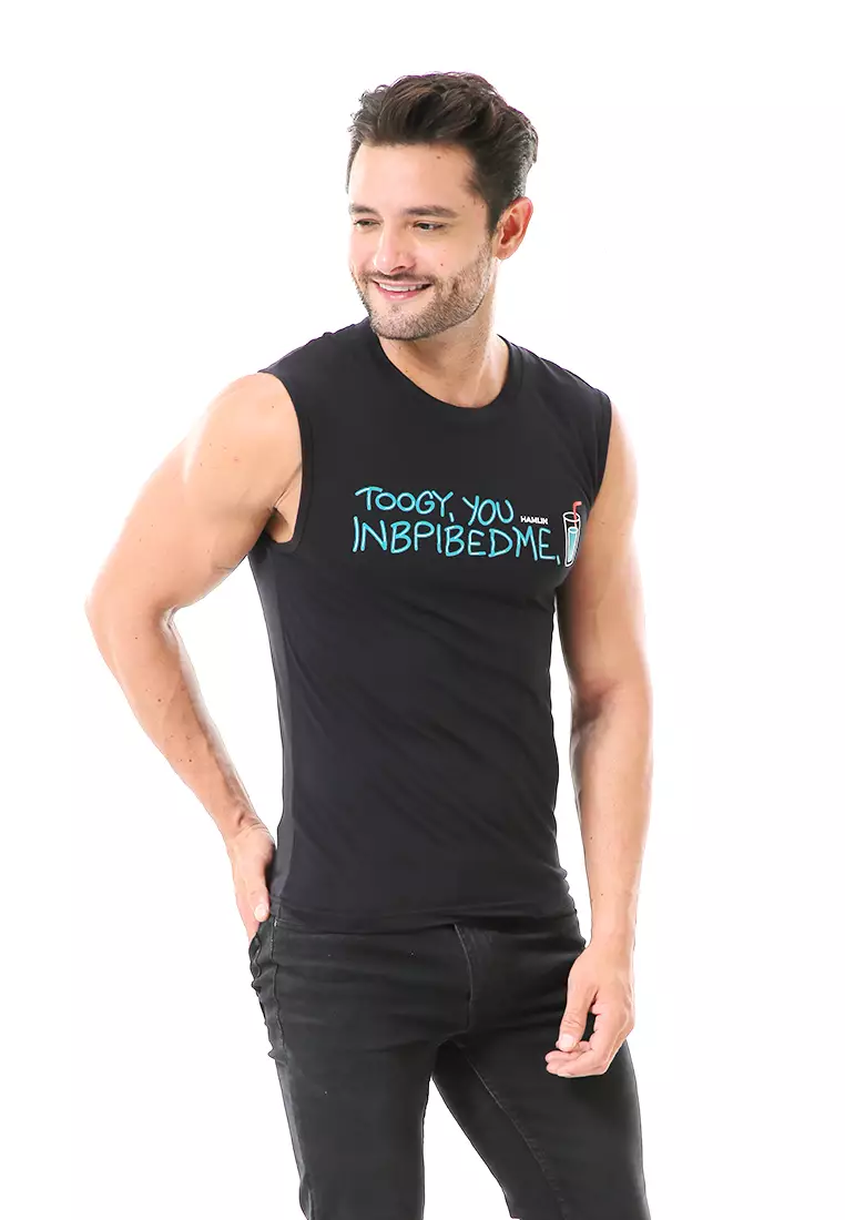 Bobby Atasan Kasual Pria Singlet Motif Toogy You Sleeveless Tshirt Material Cotton ORIGINAL - Black