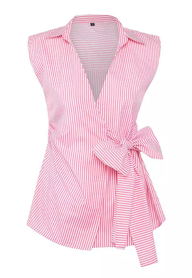 Striped Double Breasted Tie Detailed Woven Blouse
