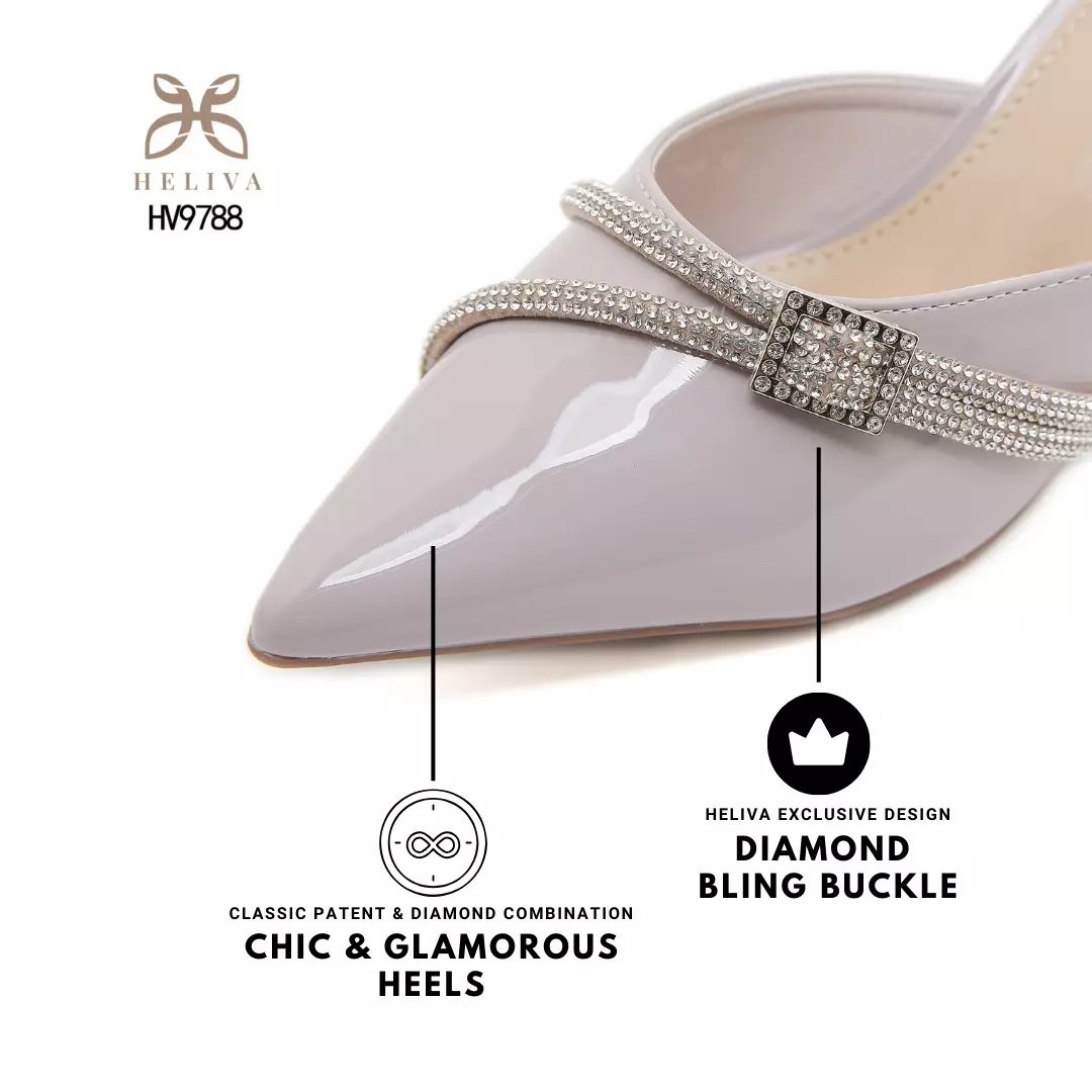 HELIVA CILLA Glossy Pointed Mules 6.5 cm with Elegant Rhinestone Strap HV9788