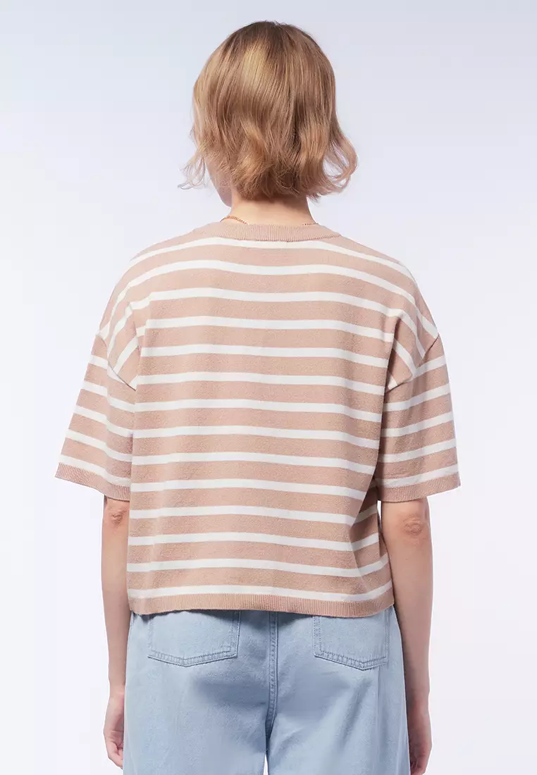 Jual Et Cetera Stripes Short Sleeve Knit Top Chocolate Original