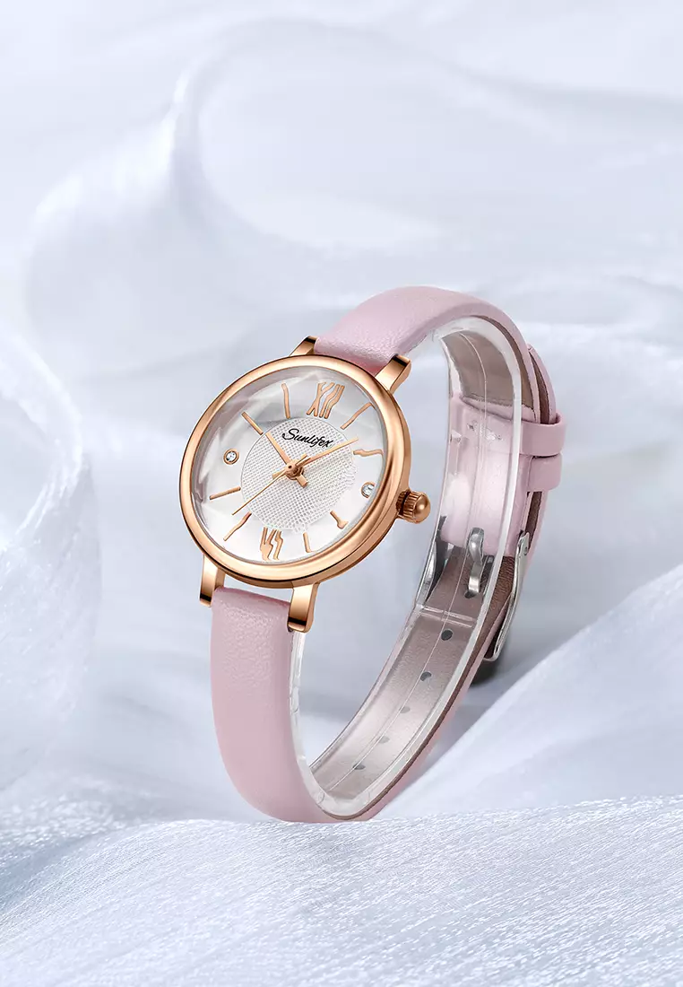 Jam Tangan Wanita 8005 Original Santai Kuarsa Tali Kulit Jam Wanita Anti Air Jam Tangan Cewek pink