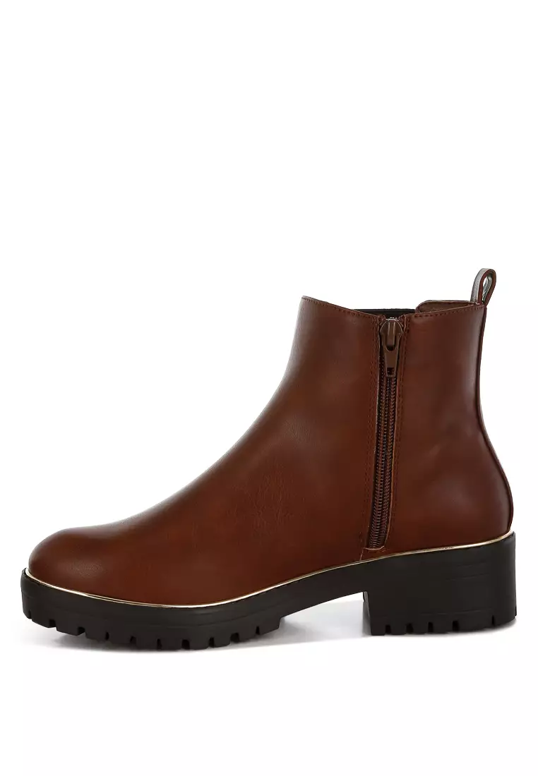 Chunky Buckle Detail Ankle Boots in Tan