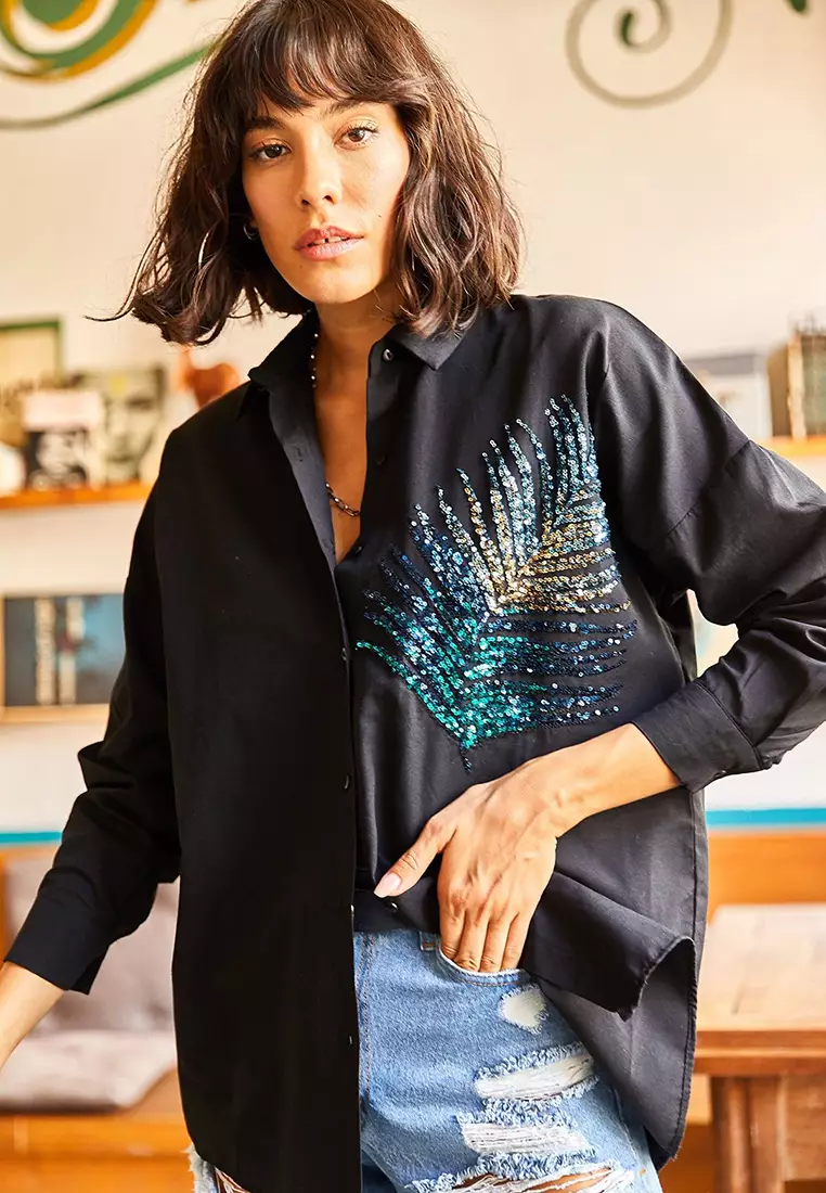 Sequin Oversized Poplin Shirt