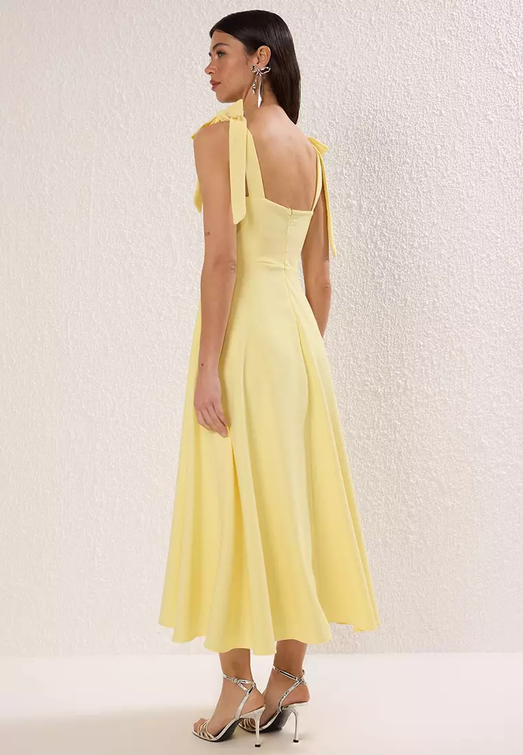 Light Yellow A Line Strap Lacing Detailing Midi Stylish Evening Dress