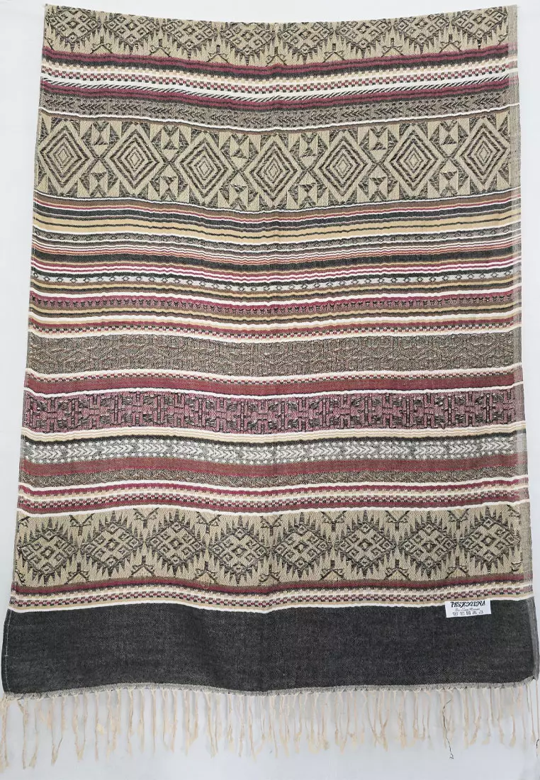 Reversible Viscose Ethinic Stripes Pattern Pashmina Shawl Syal Wanita Black, Beige & Maroon