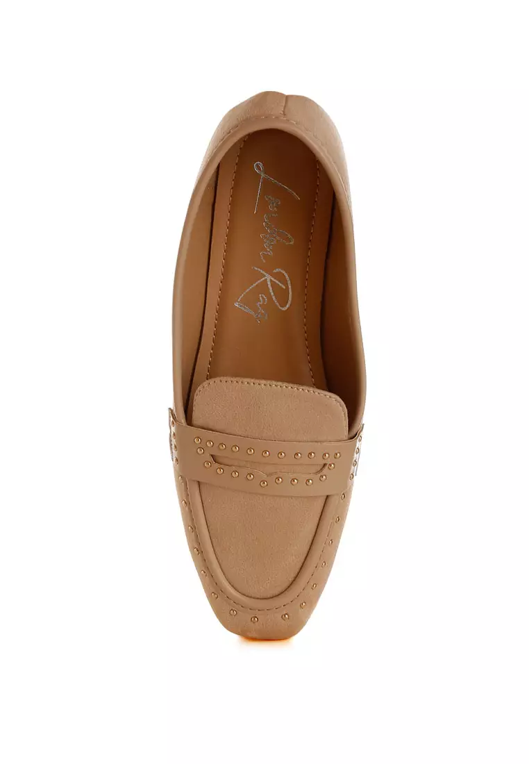 Penny Strap Studded Loafers In Beige
