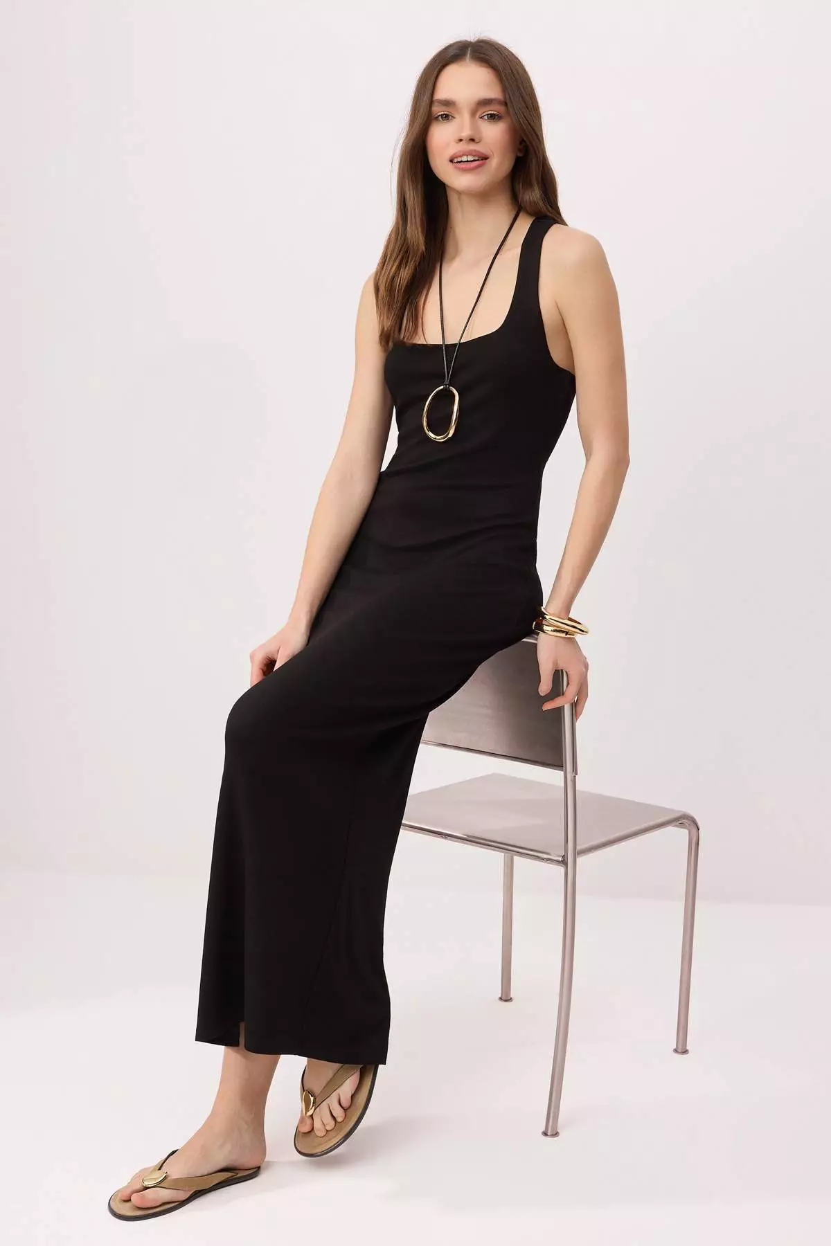 Black Bodycon Square Neck Thick Strap Sleeveless Maxi Soft Touch Knitted Dress Twoss26El631