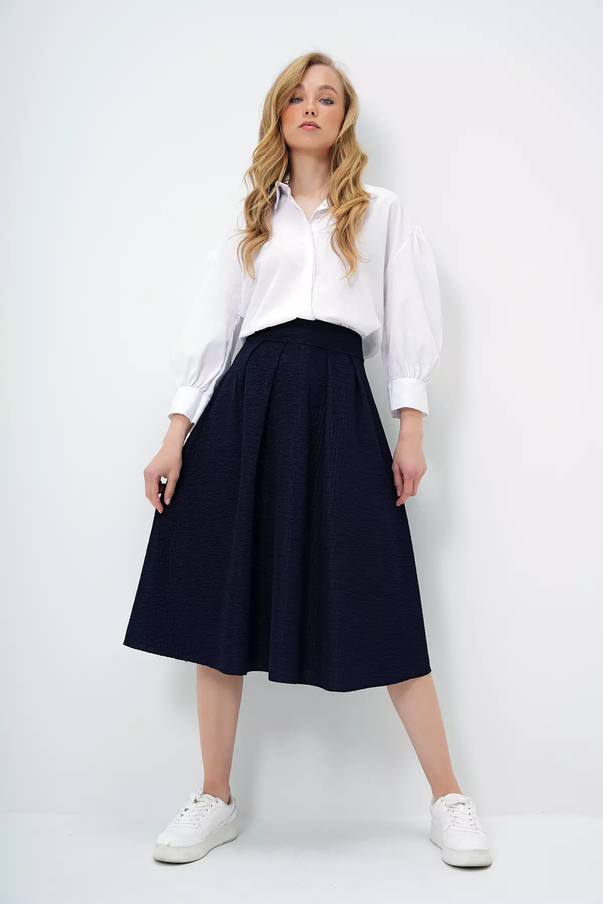 Women's Navy Blue High Waist Wide Belt Hidden Zipper Midi Length Textured Skirt Alc-X13473