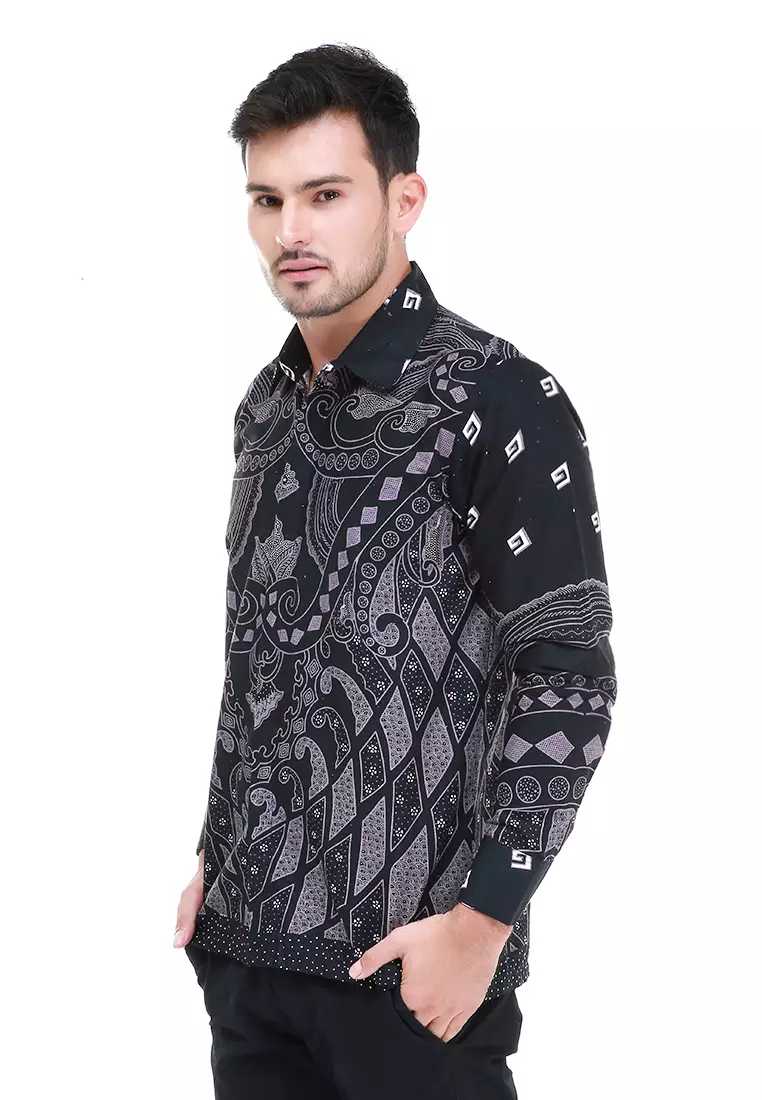 Dwan Kemeja Batik Pria Unique Motives Atasan Formal Longsleeve Shirt Material Cotton ORIGINAL - Black