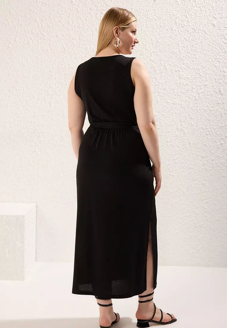 Black Tie Detail Midi V Neck Stretchy Knit Dress Tbbss25Ah00015