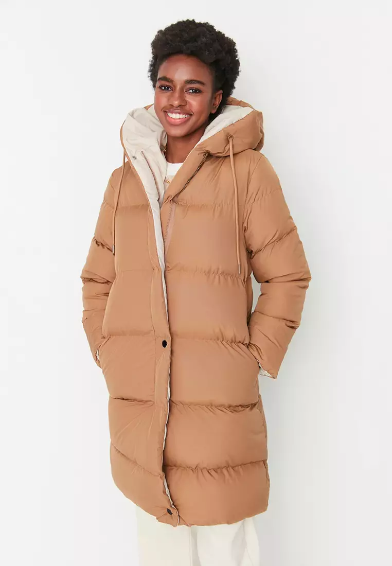 Brown-Ecru Double Sided Hooded Water Repellent Long Puffer Jacket TWOAW23MO00052