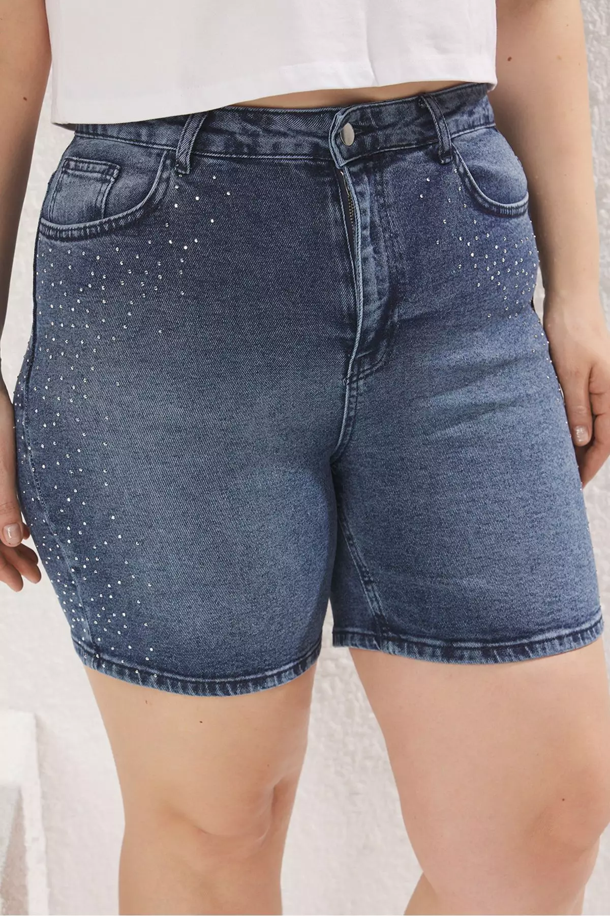 High Waist Stoned Denim Plus Size Shorts