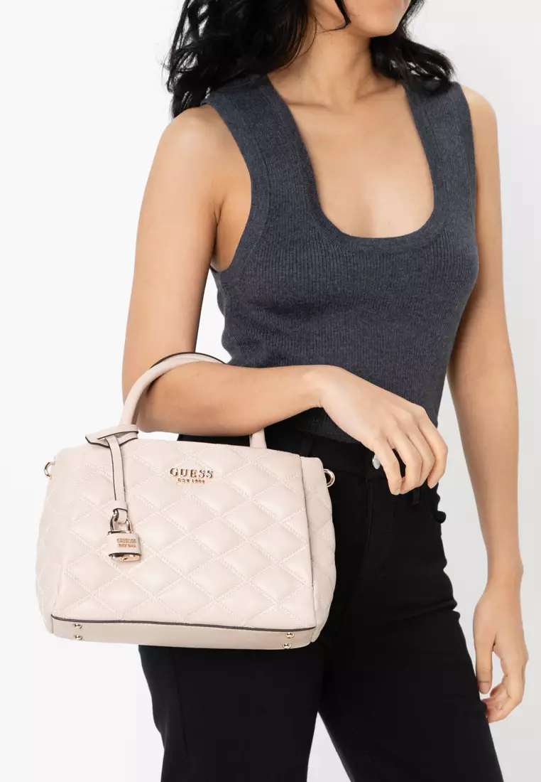 Borsa GUESS Tamsin Society Satchel - Cream White, In Pelle Sintetica, Tracolla Rimovibile