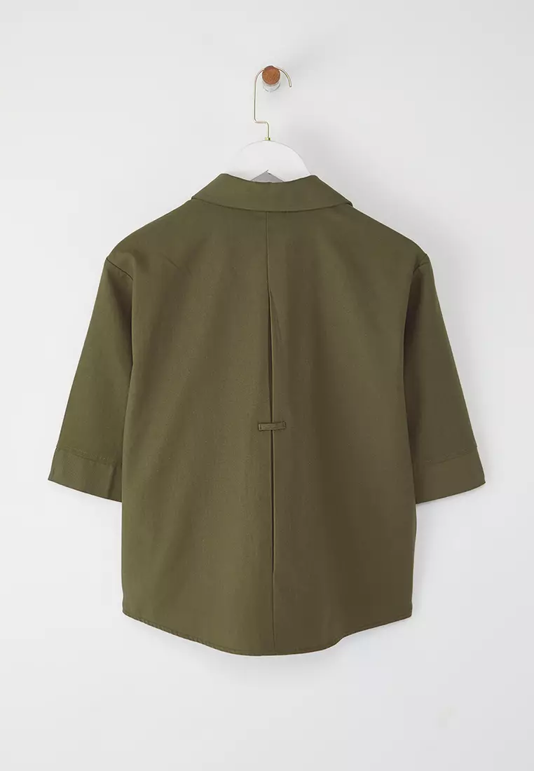 Khaki Thin Gabardine Boxy Cotton Shirt