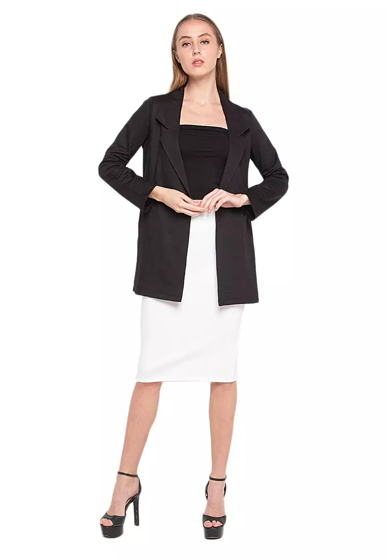 Cleve Blazer Plain Long Sleeves Atasan Wanita Design Kasual Open Front Style - Black