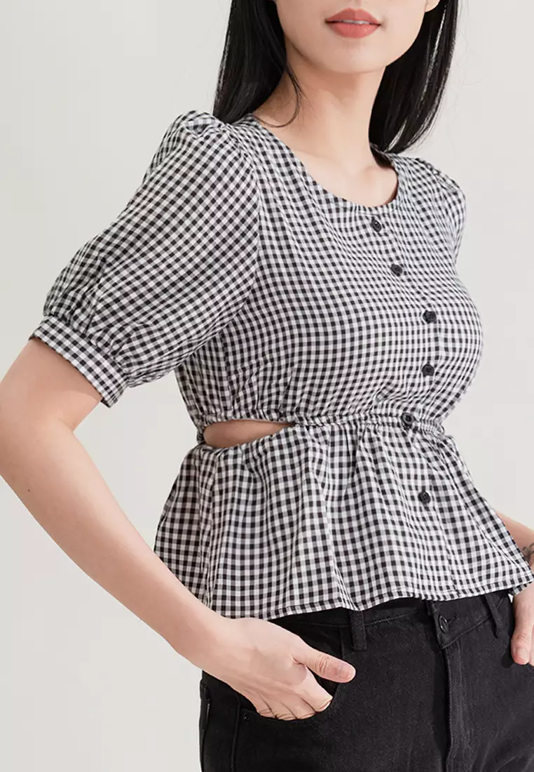 格纹灯笼袖短版上衣