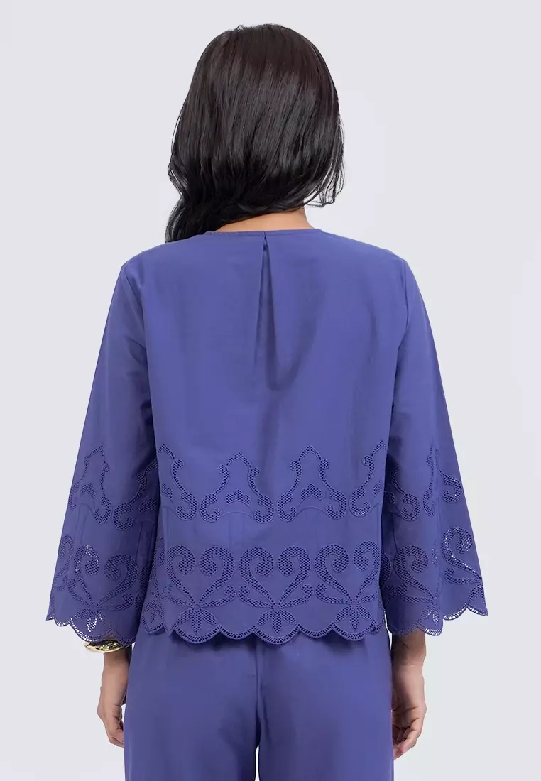 Scalloped Hem Long Sleeve Blouse NAVY