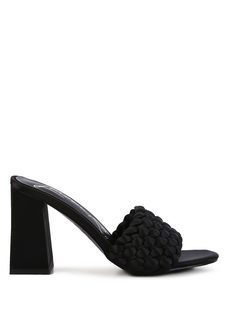Black Braided Satin Block Sandals