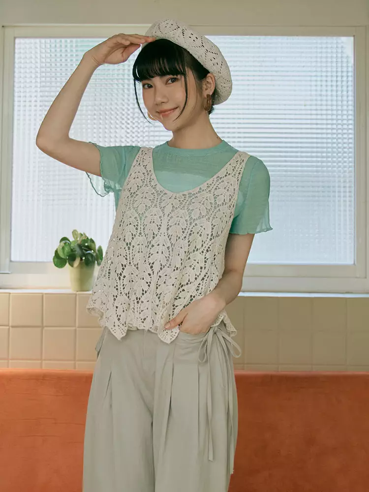 Wrinkled sheer mesh short-sleeve top [AB19539]