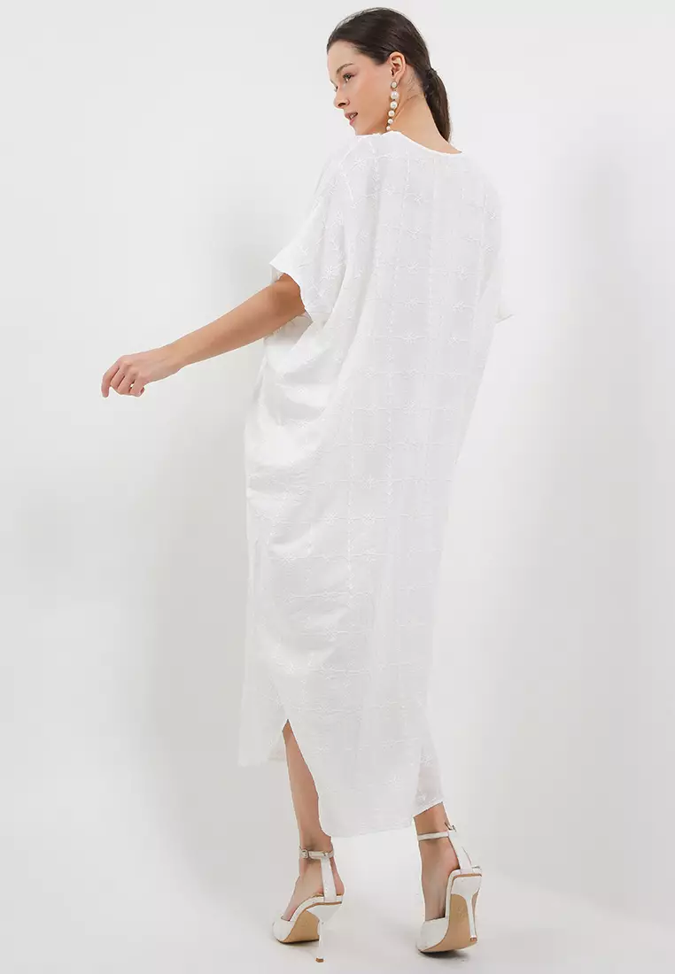 V Neck Lace Trimmed Full Emb Kaftan