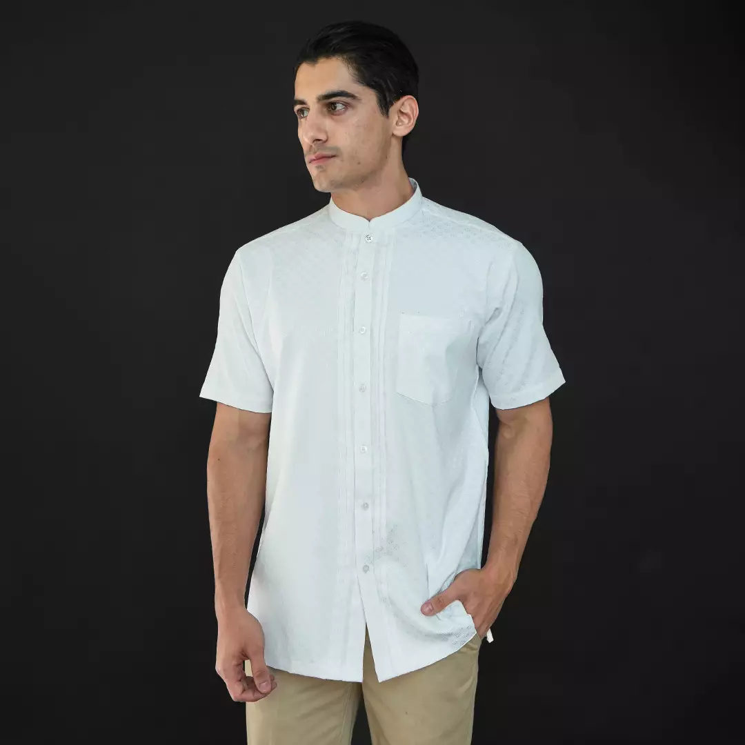 Casella Baju Koko Pria Lengan Pendek Pleats Ilyas | Baju Koko Putih Lengan Pendek 4098 White