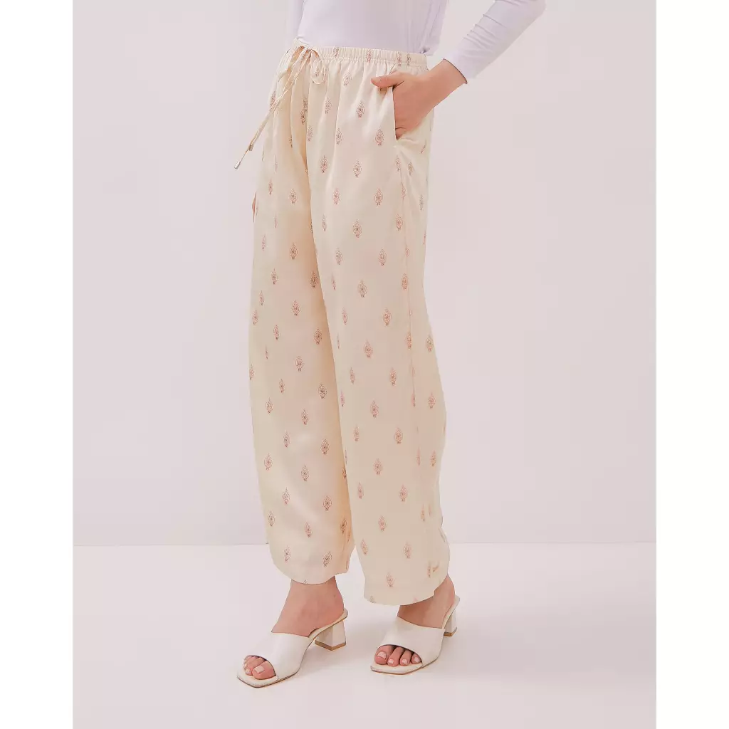 Urban Exchange Pants Shula Beige - Celana Kulot Panjang Prints Satin Cream
