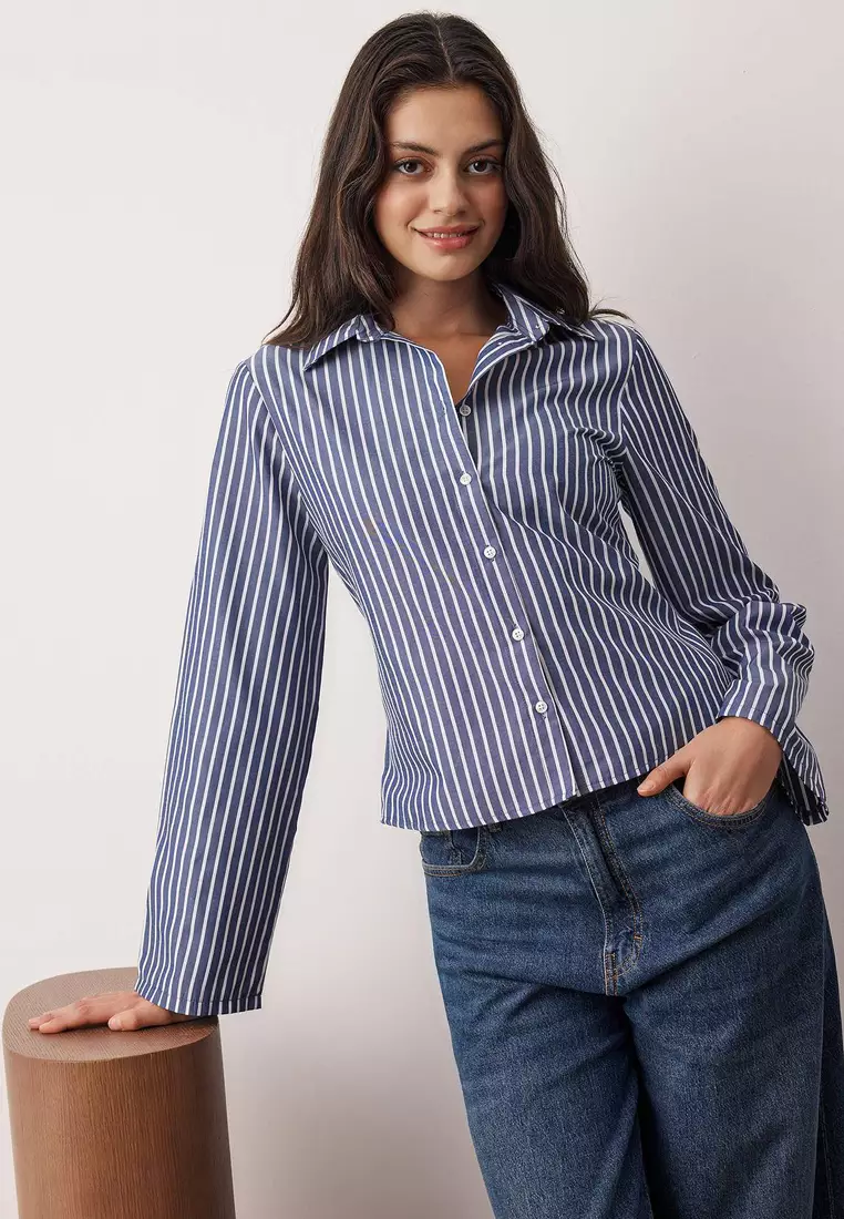 Navy Blue-White Corset Detailed Fitted Waist Shirt Twoaw26Go55