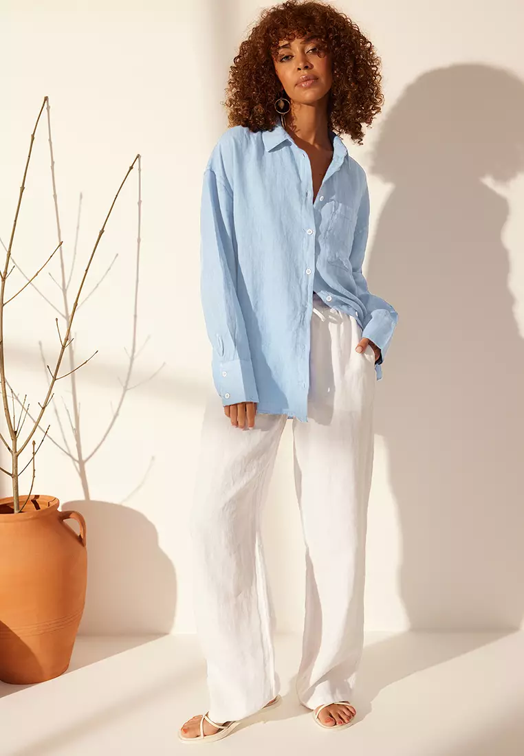 Blue 1% Linen Pocket Detailed Oversized Shirt Twoss26Go39
