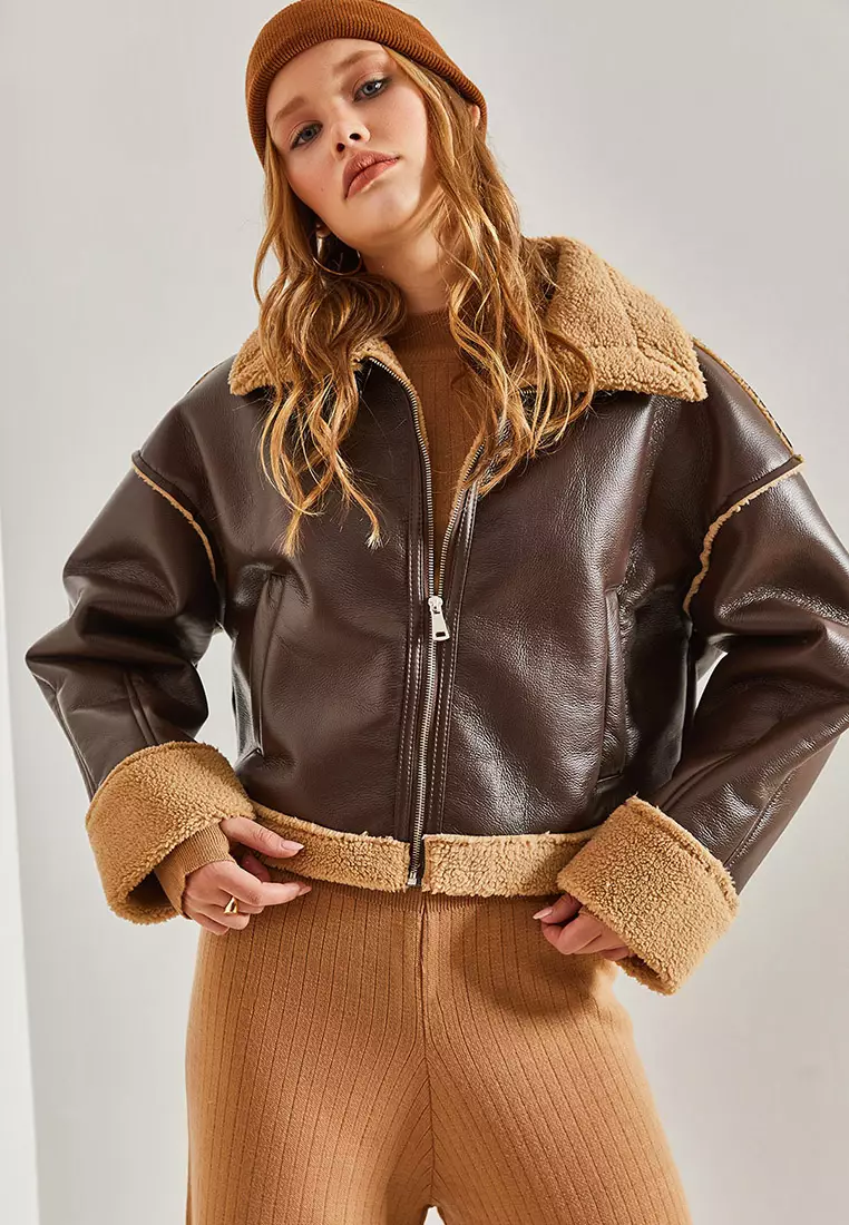 Furry Leather Coat with Side Pockets