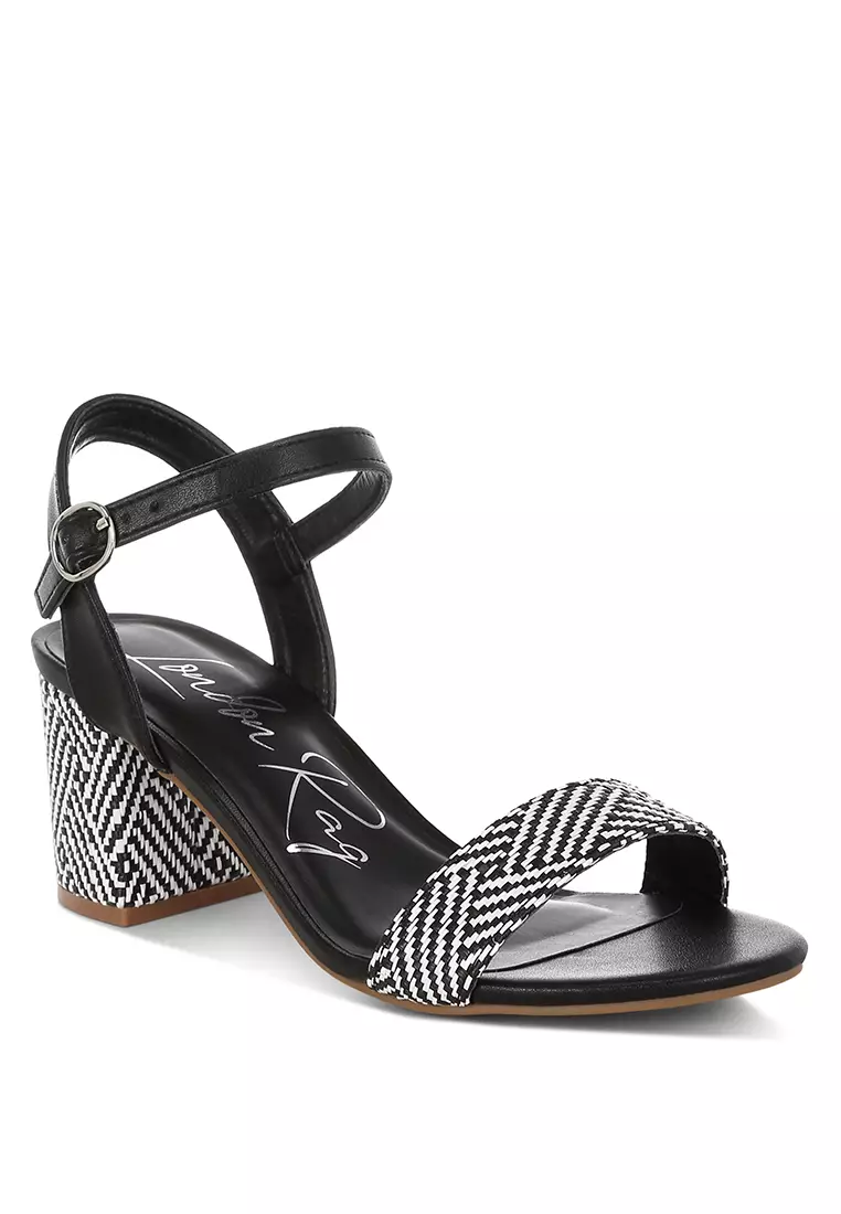 Raffia Pin Buckle Block Heels In Black