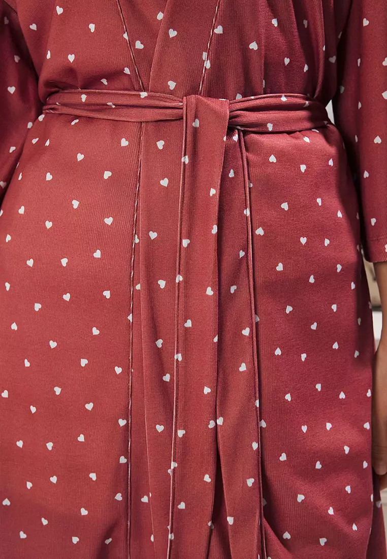 Red Belted Heart Ribbed Knitting Dressing Gown Thmss25Sb00004