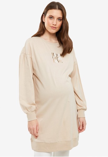 LC WAIKIKI beige Crew Neck Printed Cotton Maternity Sweatshirt F7350AA6497E35GS_1