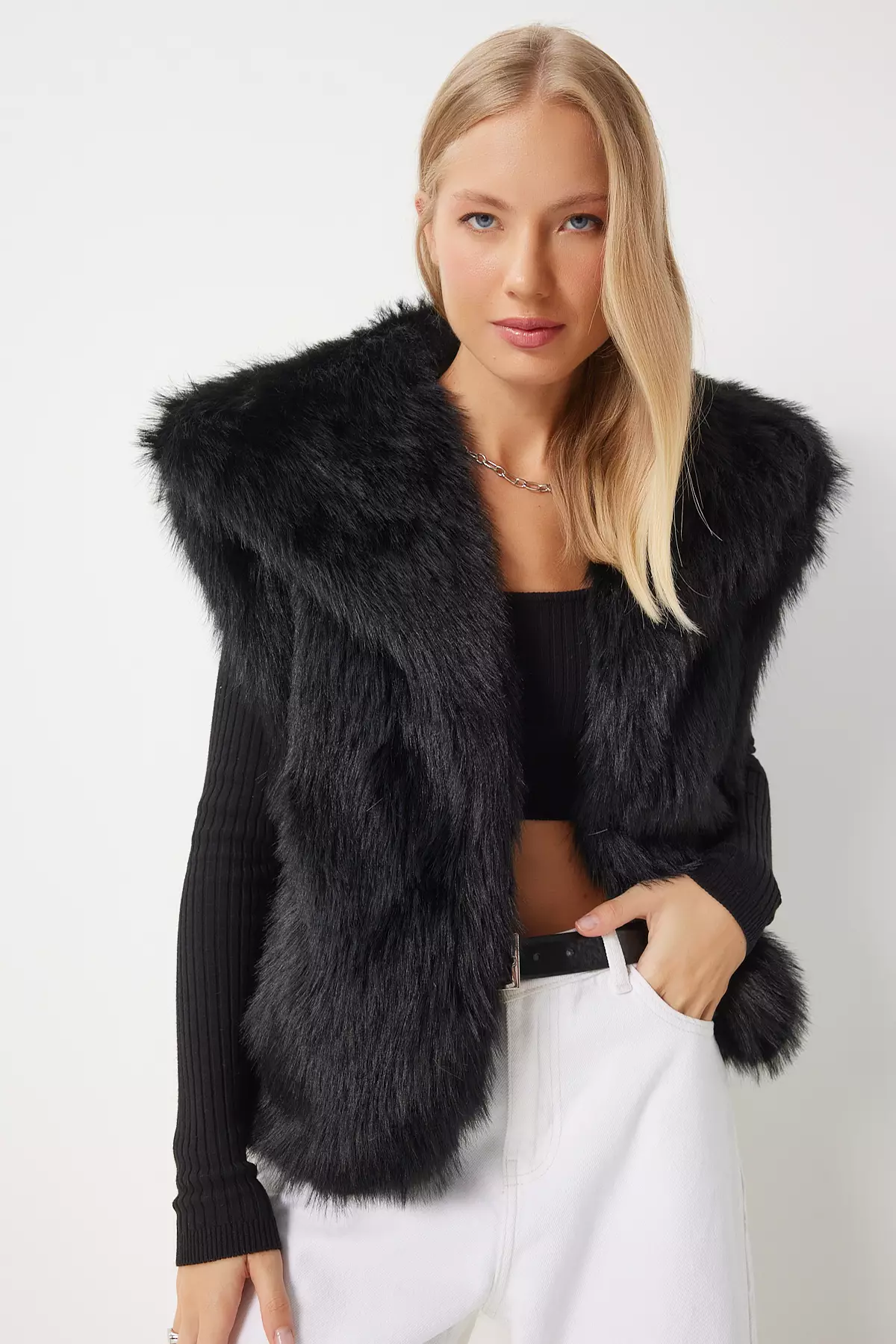 Black Faux Fur Women's Vest - Yl00003