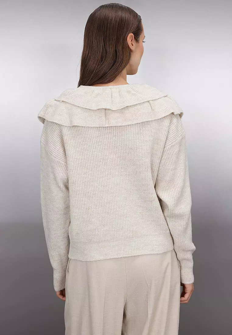 Stone Soft Texture Collar Ruffle Detailed Knitwear Sweater