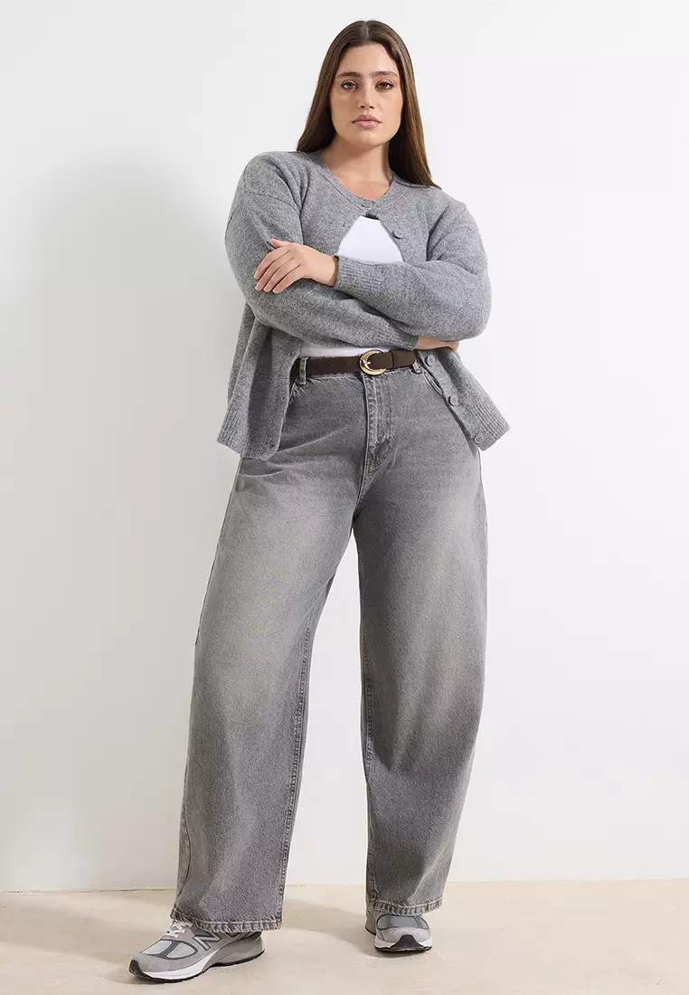 Gray High Waist Barrel Baggy 100% Cotton Non-Stretch Plus Size Jeans Tbbaw26Cj00043