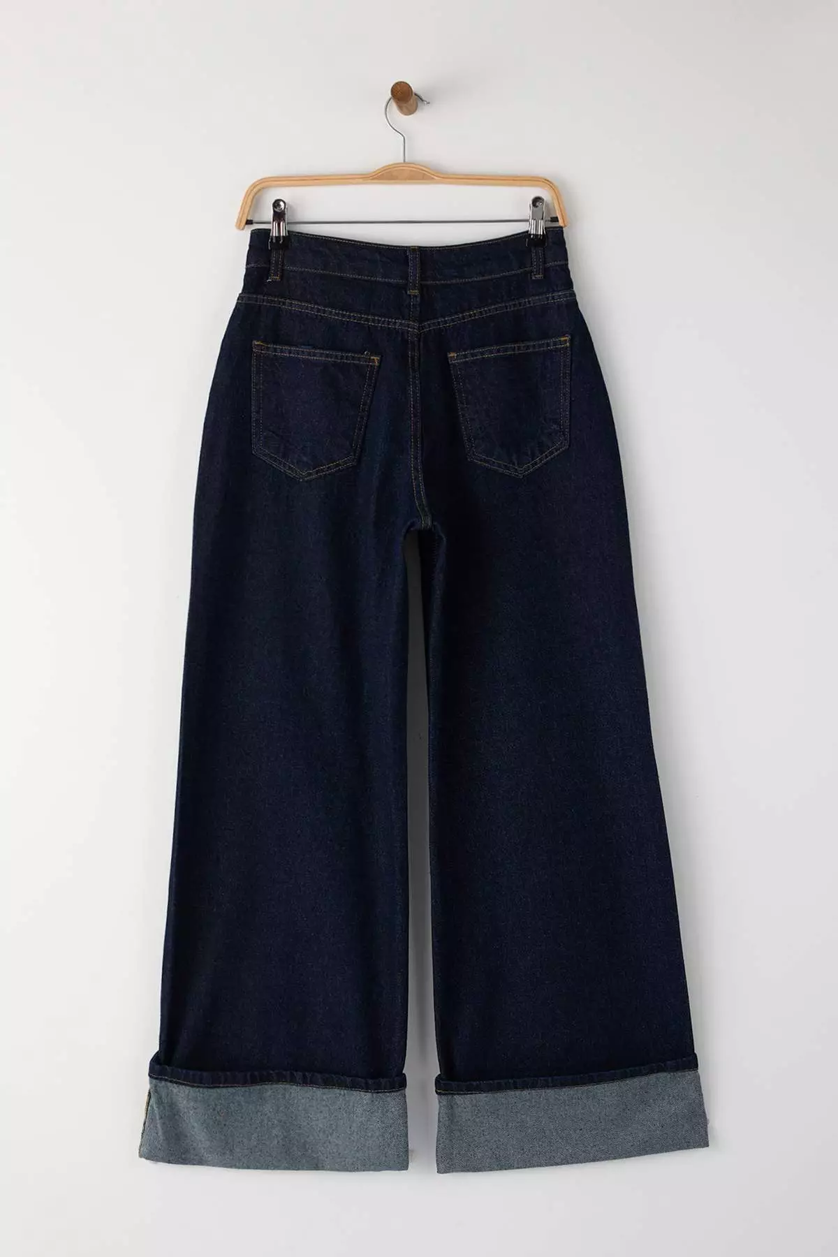 Dark Blue Folded Leg Regular Waist Wide Leg Jeans