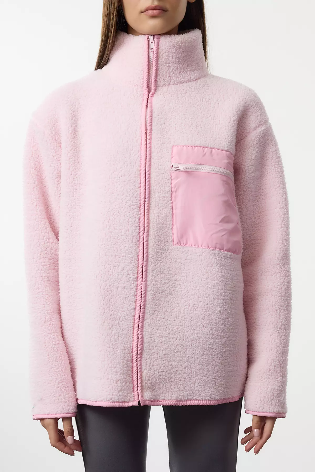 Winter Essentials Light Pink Thick Fleece Zipper Stand Collar Pocket Knitted Sweatshirt Twoaw24Sw00071