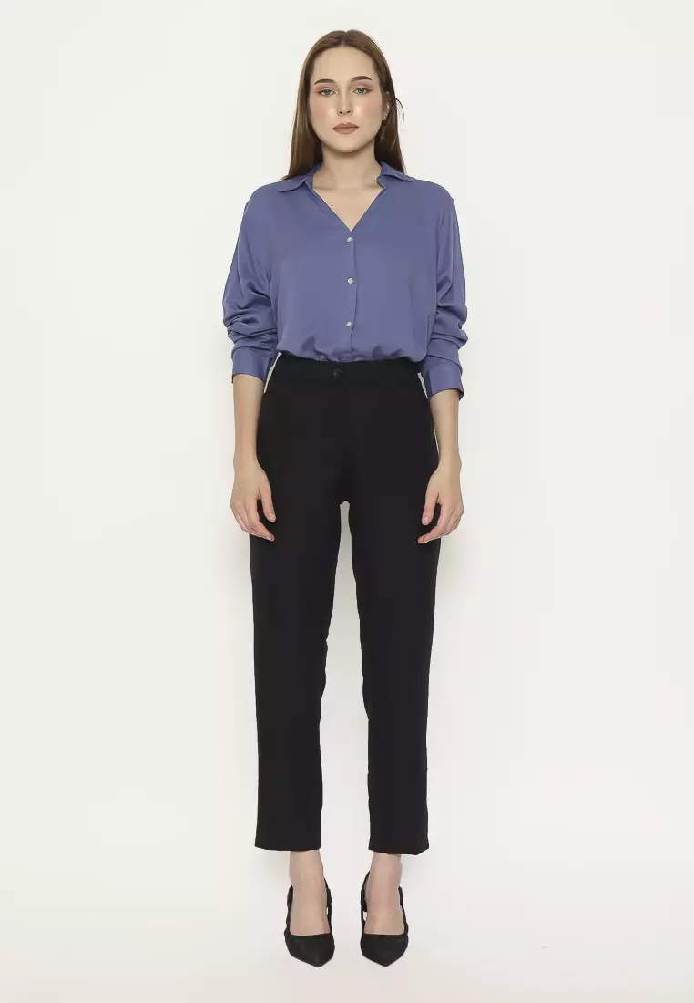 Urban Exchange Milla Blue Blouse - Atasan Blouse Wanita Lengan Panjang