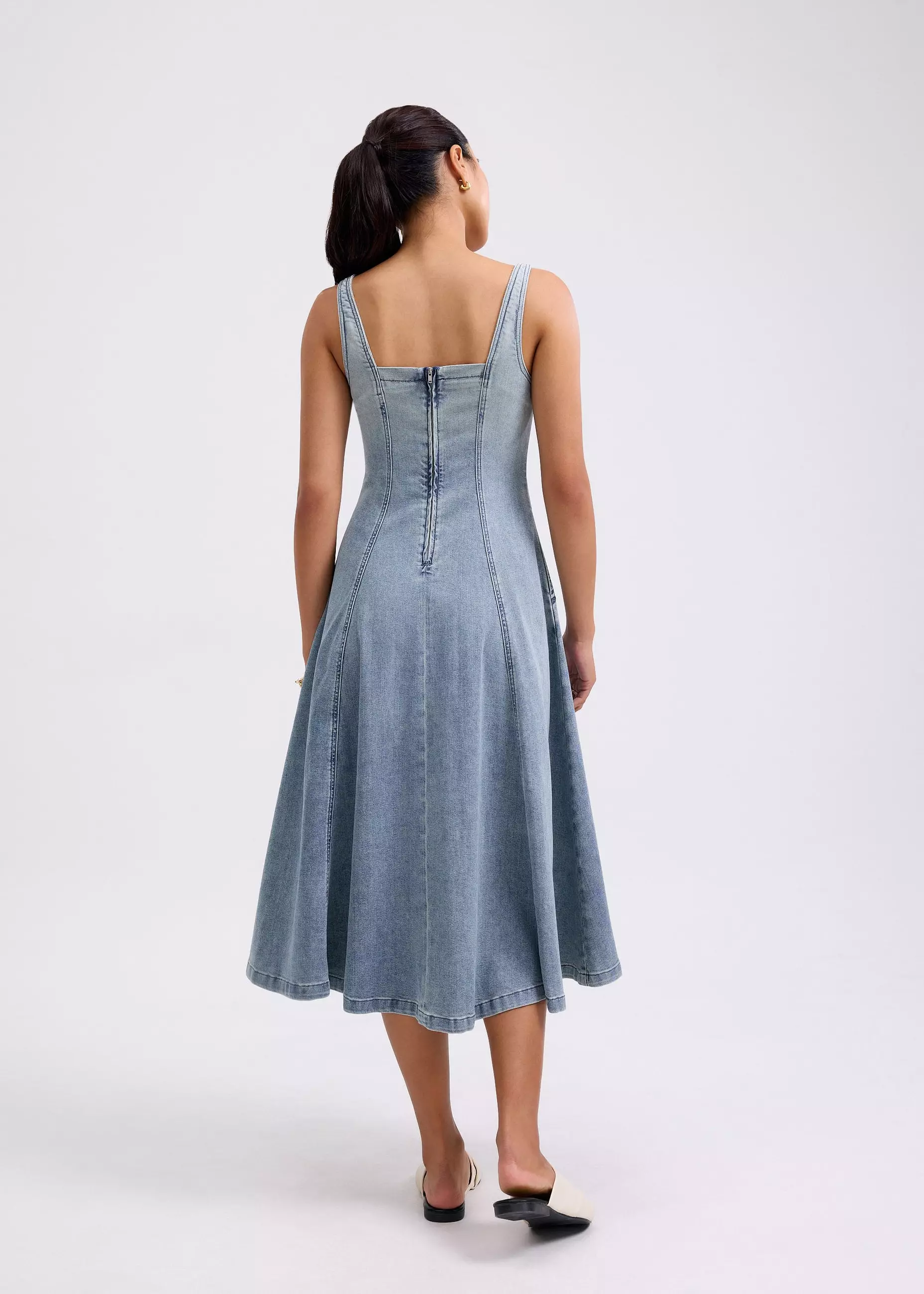 Dress Wanita - Denim Panelled Sweetheart Midi Dress