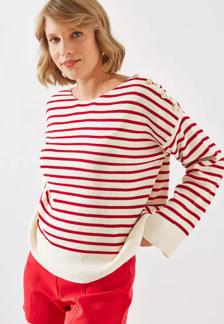 Women's Striped Shoulder Buttoned Sweater 20247511