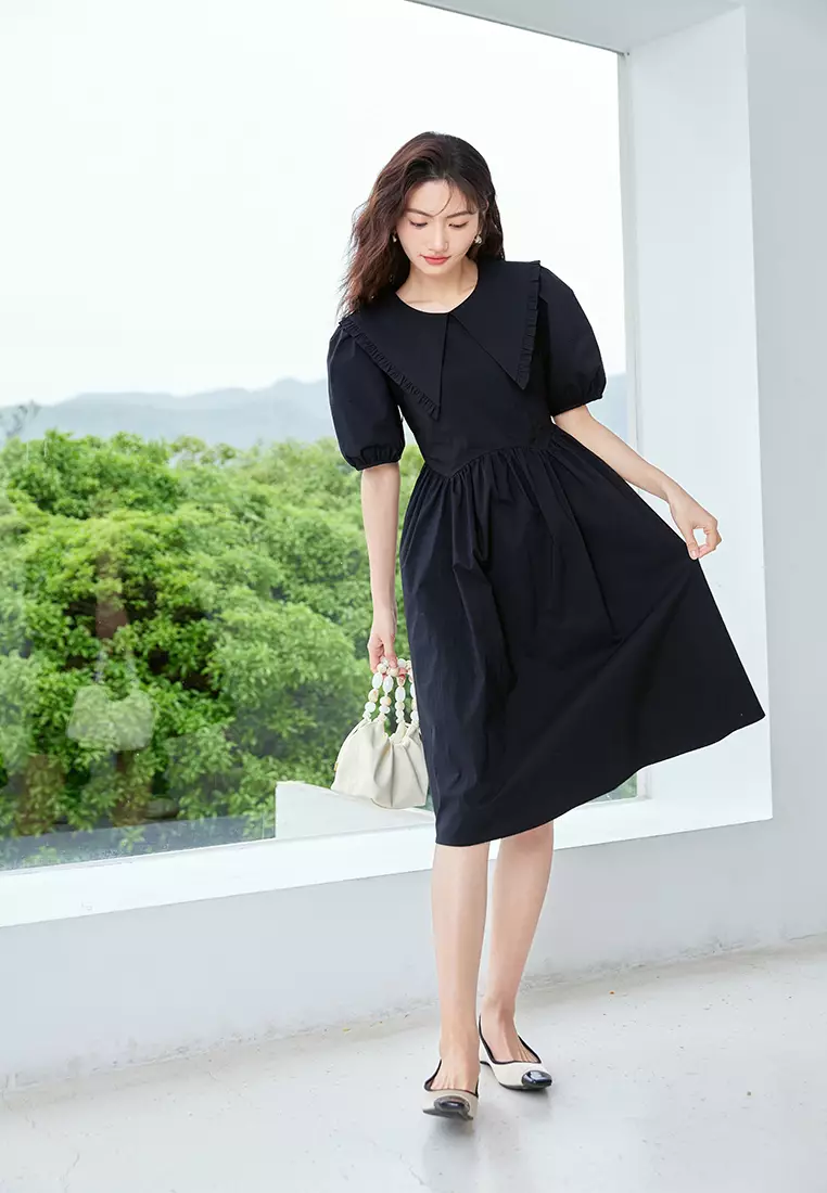 Hopeshow Victorian Ruffle Collar Puff Sleeve Black Dress